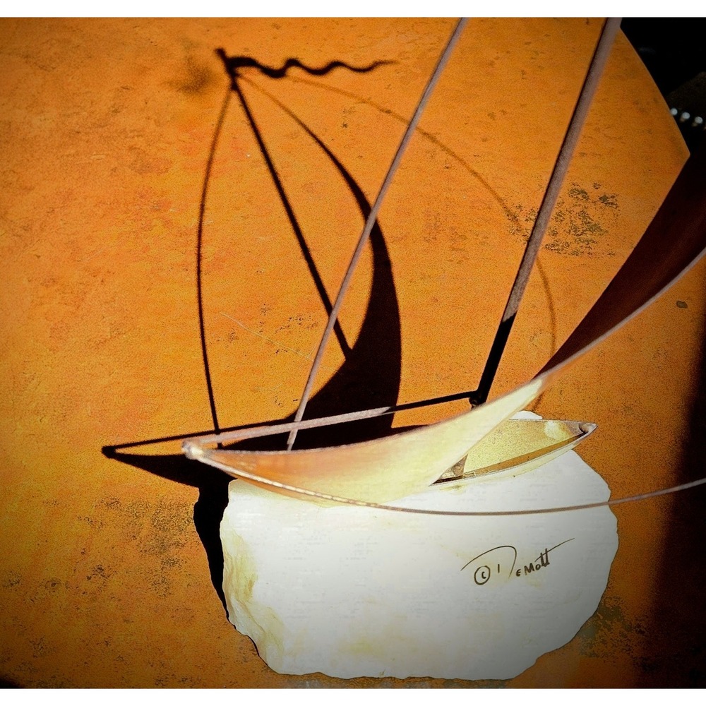 Vintage DeMott Signed Brass Sailboat 13" • Onyx Base • MCM Fluid Lines - Picture 2 of 8